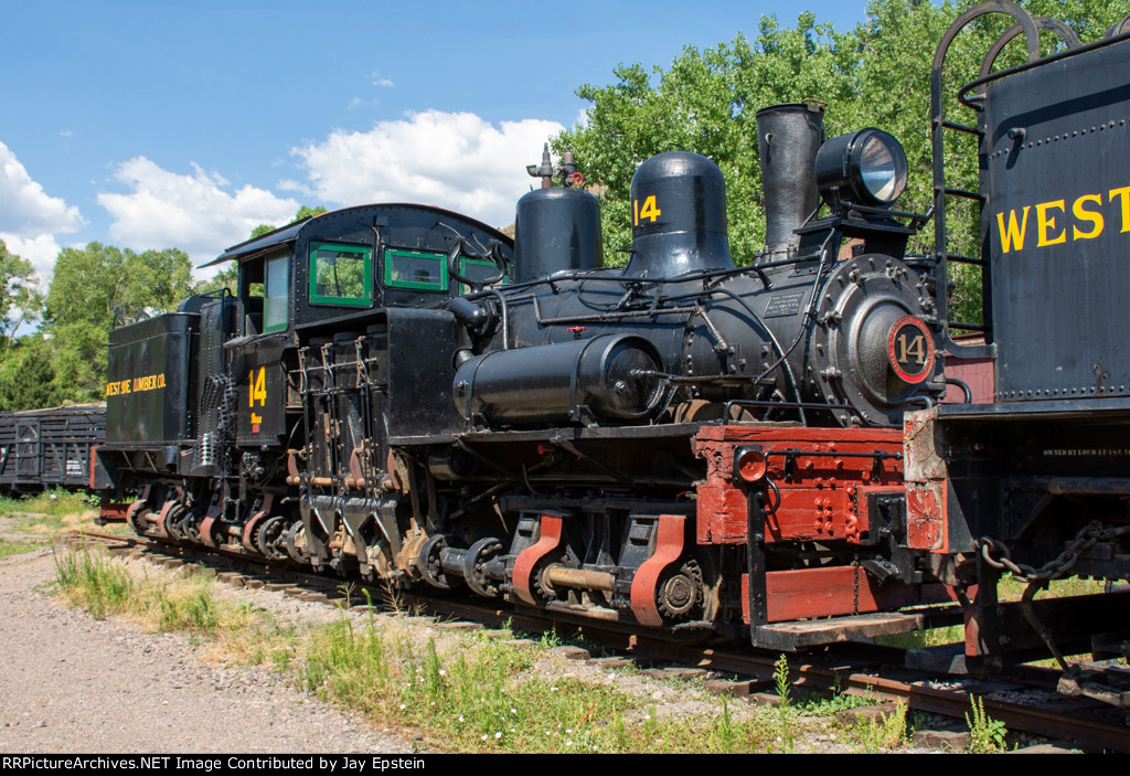 West Side Lumber Company Shay #14 is seen on display at the Colorado Railroad Museum 